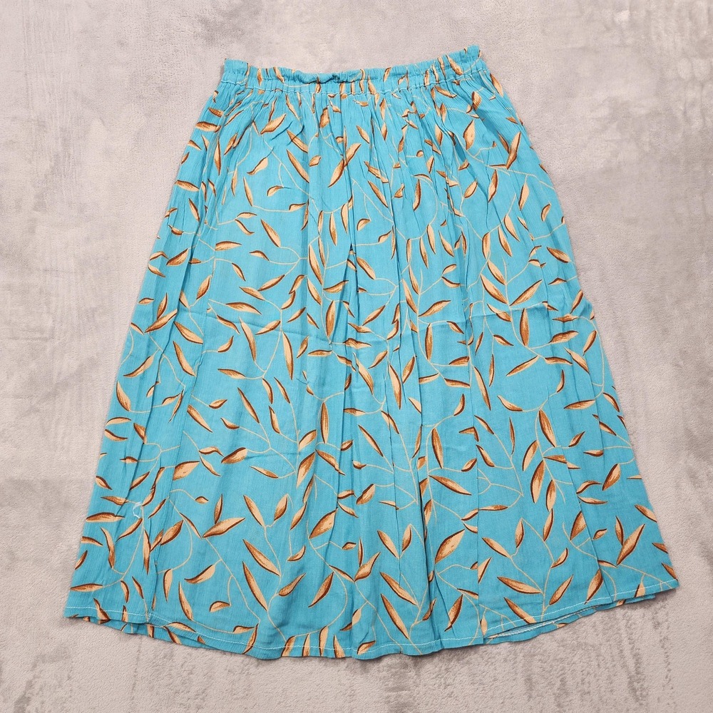 Vintage Skirt Womens OS Blue Tan Leaf Print A-Line Midi Pull On Viscose France